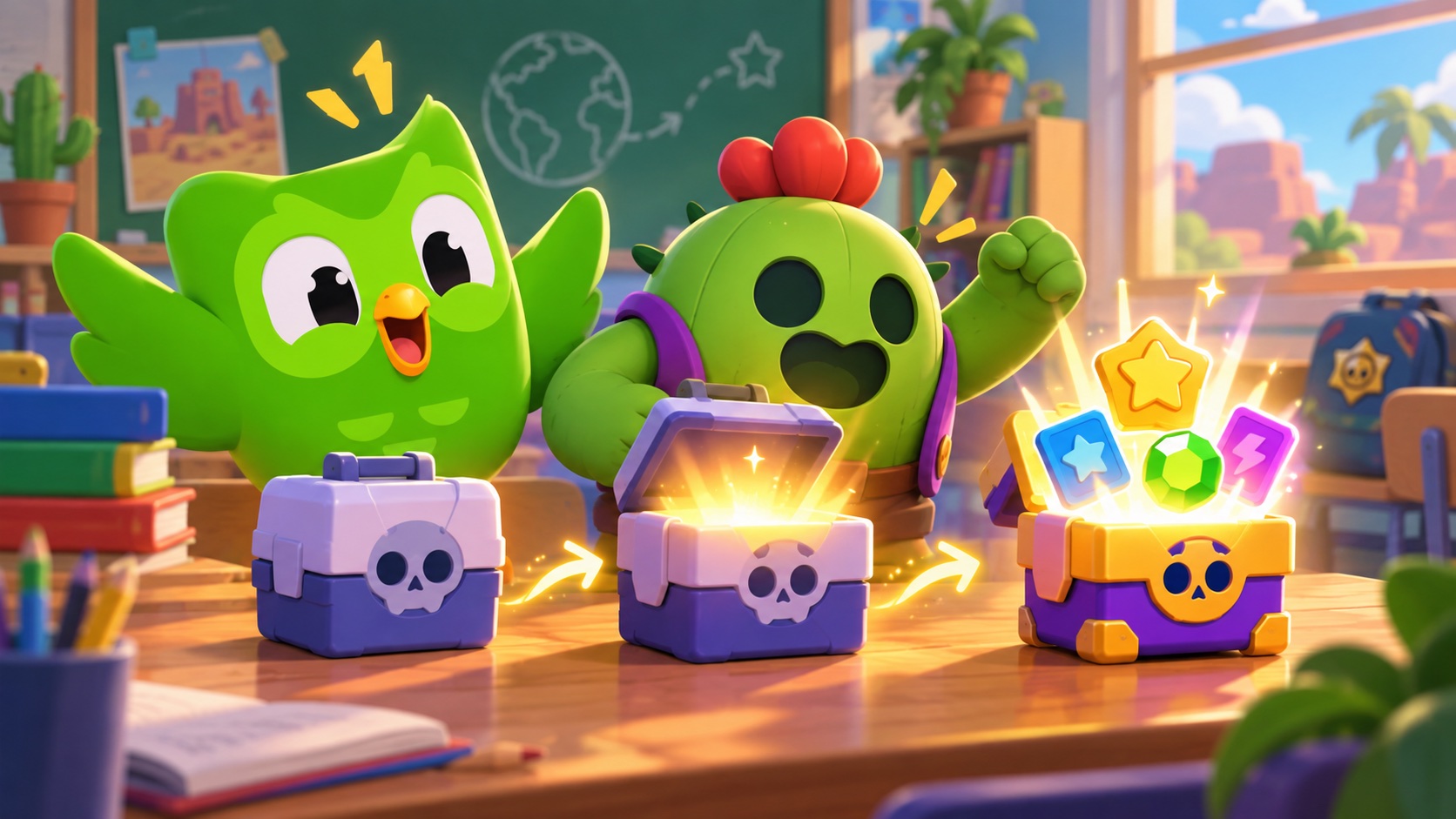 Illustration conceptuelle de Duo et Spike ouvrant une récompense de quête Brawl Stars