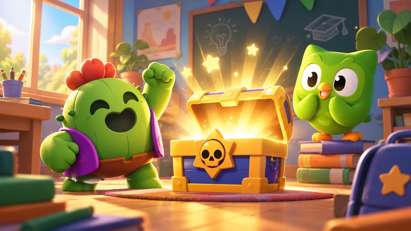 Illustration conceptuelle de Spike à côté d'un cadeau de quête Duolingo final