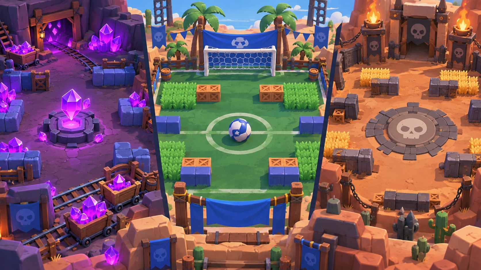 Konceptillustration af turneringens Gem Grab-, Brawl Ball- og Knockout-modes