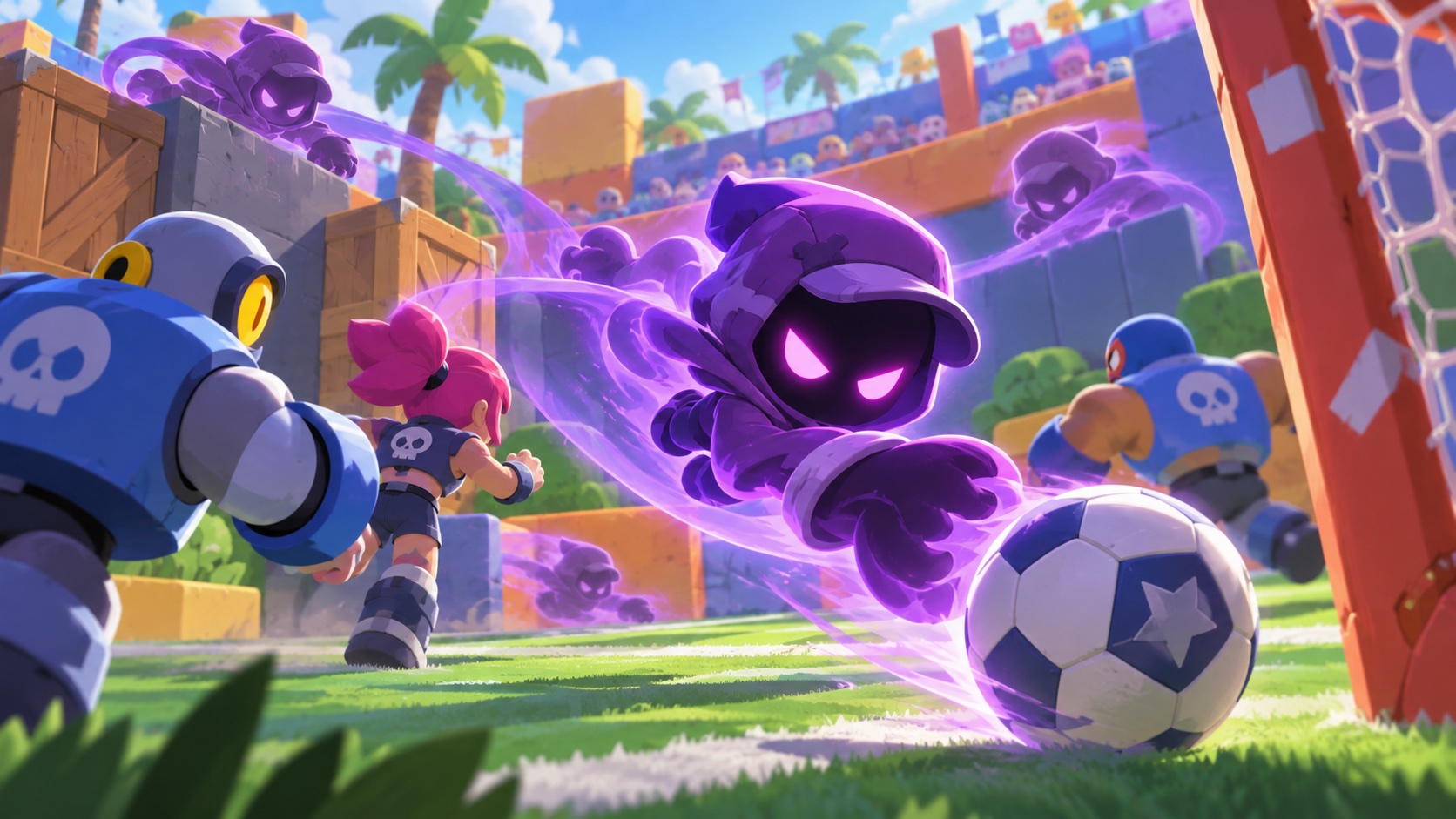 Konceptillustration af Shade, der bevæger sig rundt om et Brawl Ball-mål