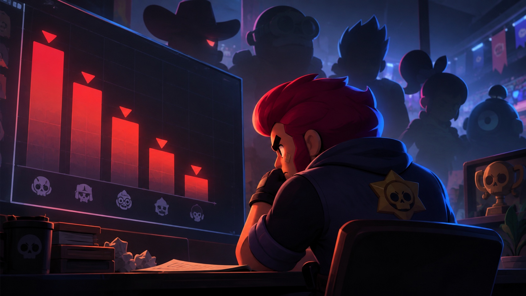 Original illustration of a contrasting downward game-stat trend and players reviewing their match data