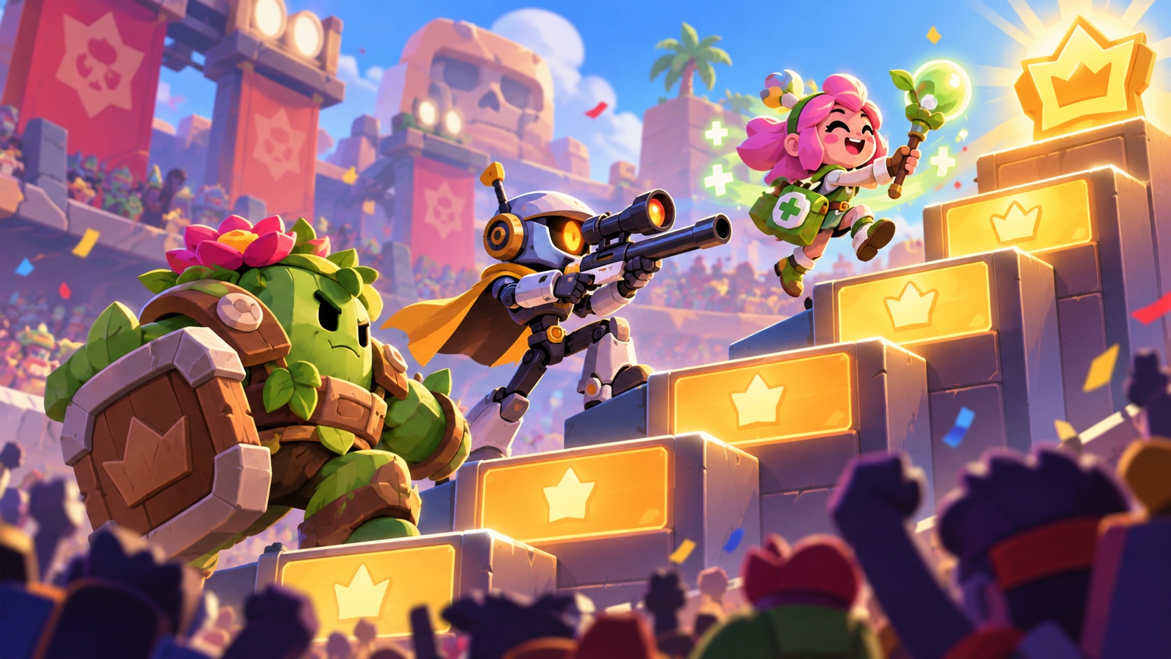 Original illustration of three brawler-like silhouettes climbing an arena leaderboard, representing Rosa Nani and Doug trends without fake labels
