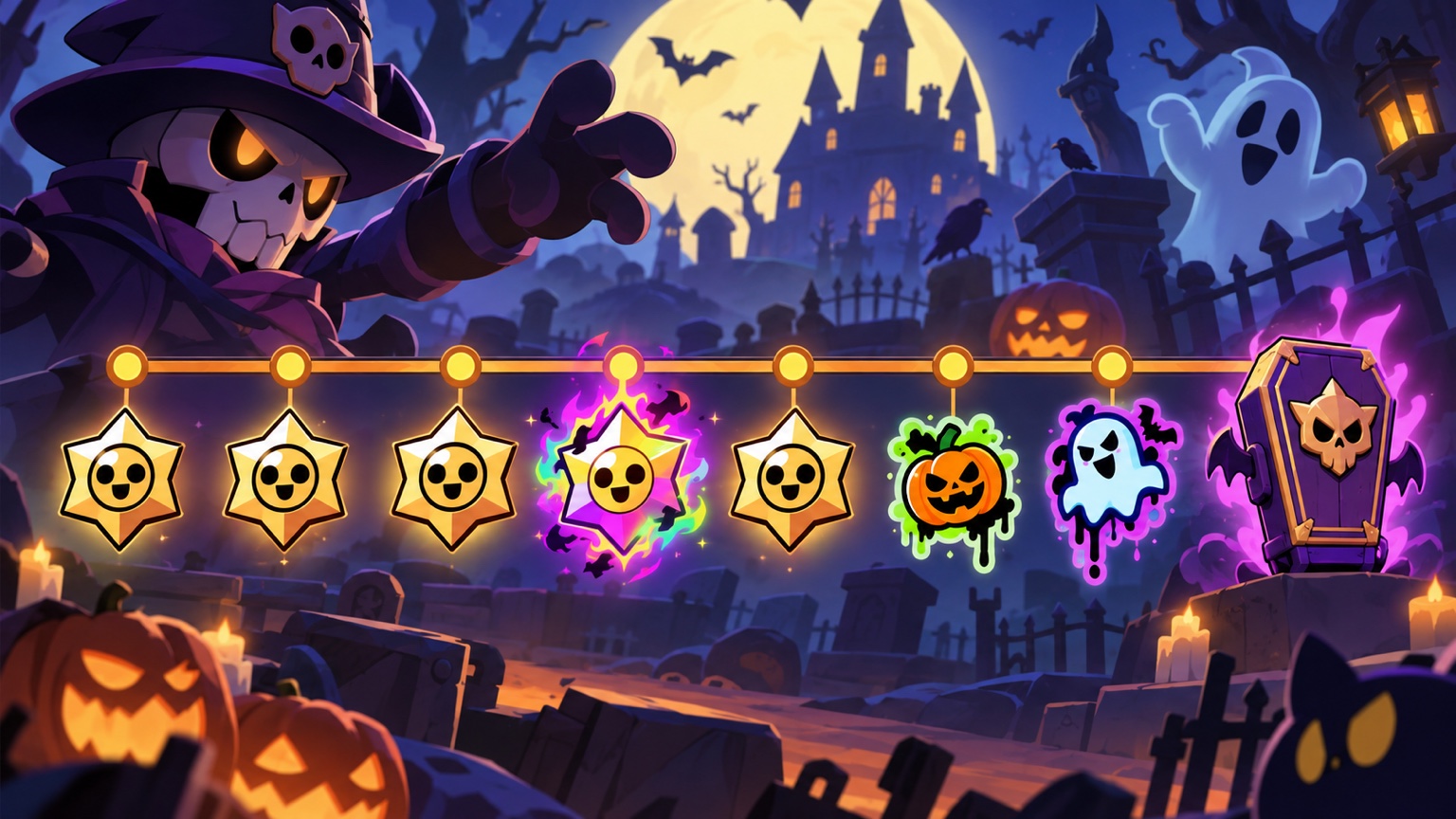 Original illustration of a Halloween reward track ending in a glowing Coffin Box