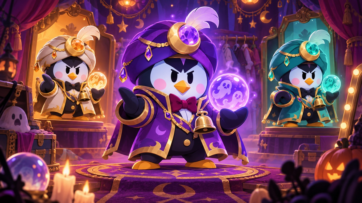 Three fortune-teller Mr P costume concepts representing the main skin and two chromas