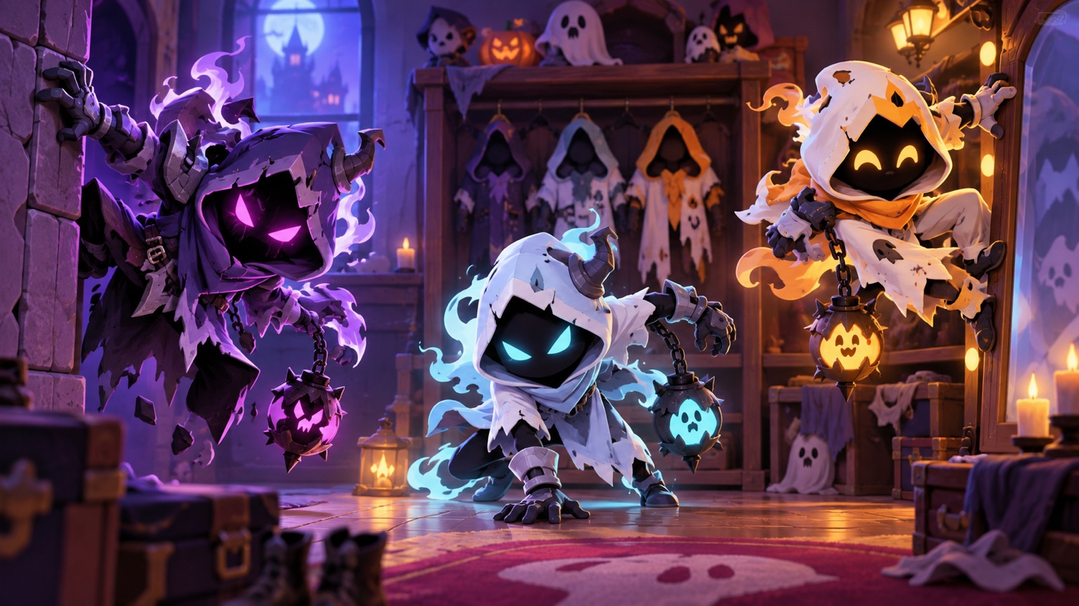 Three ghostly Shade costume concepts representing Cursed Creepy and Jolly Ghost variants
