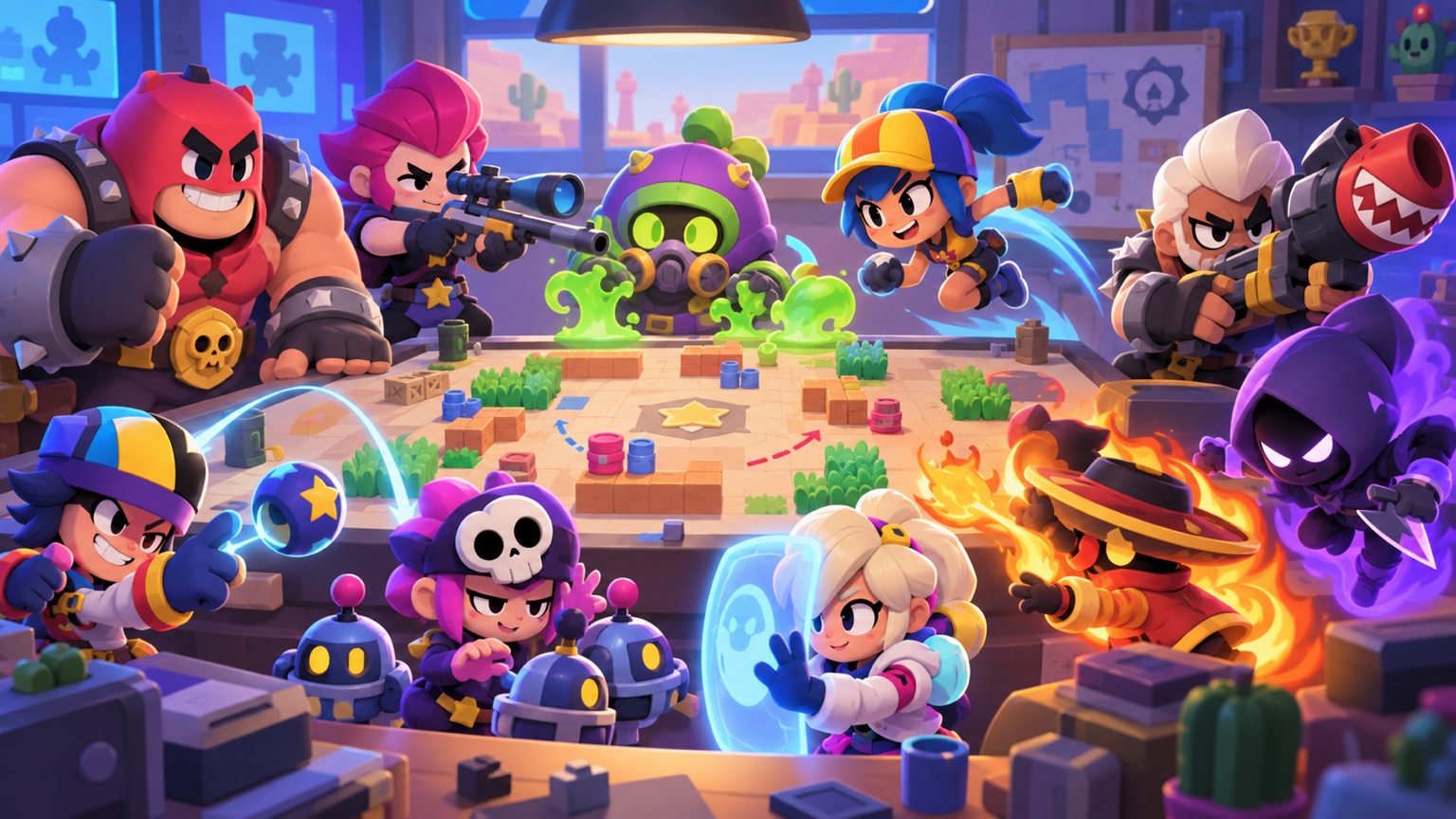 Ten stylized arena fighters grouped into tank damage control and support roles