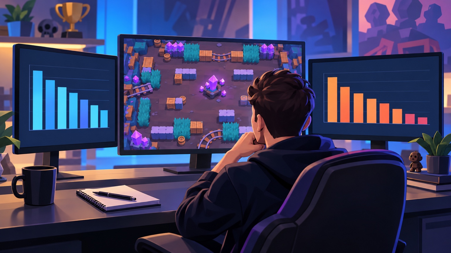 Original illustration af en spiller, der sammenligner winrate- og pickrate-kort for Gem Grab uden rigtige spilskærmbilleder