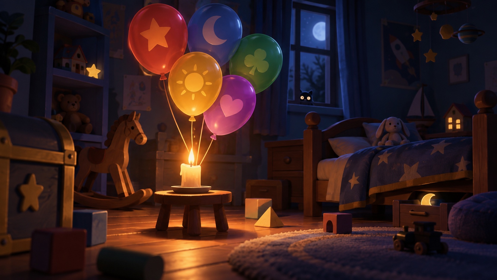 Original illustration of a candle illuminating hidden objects and balloons inside the Find Gus bedroom