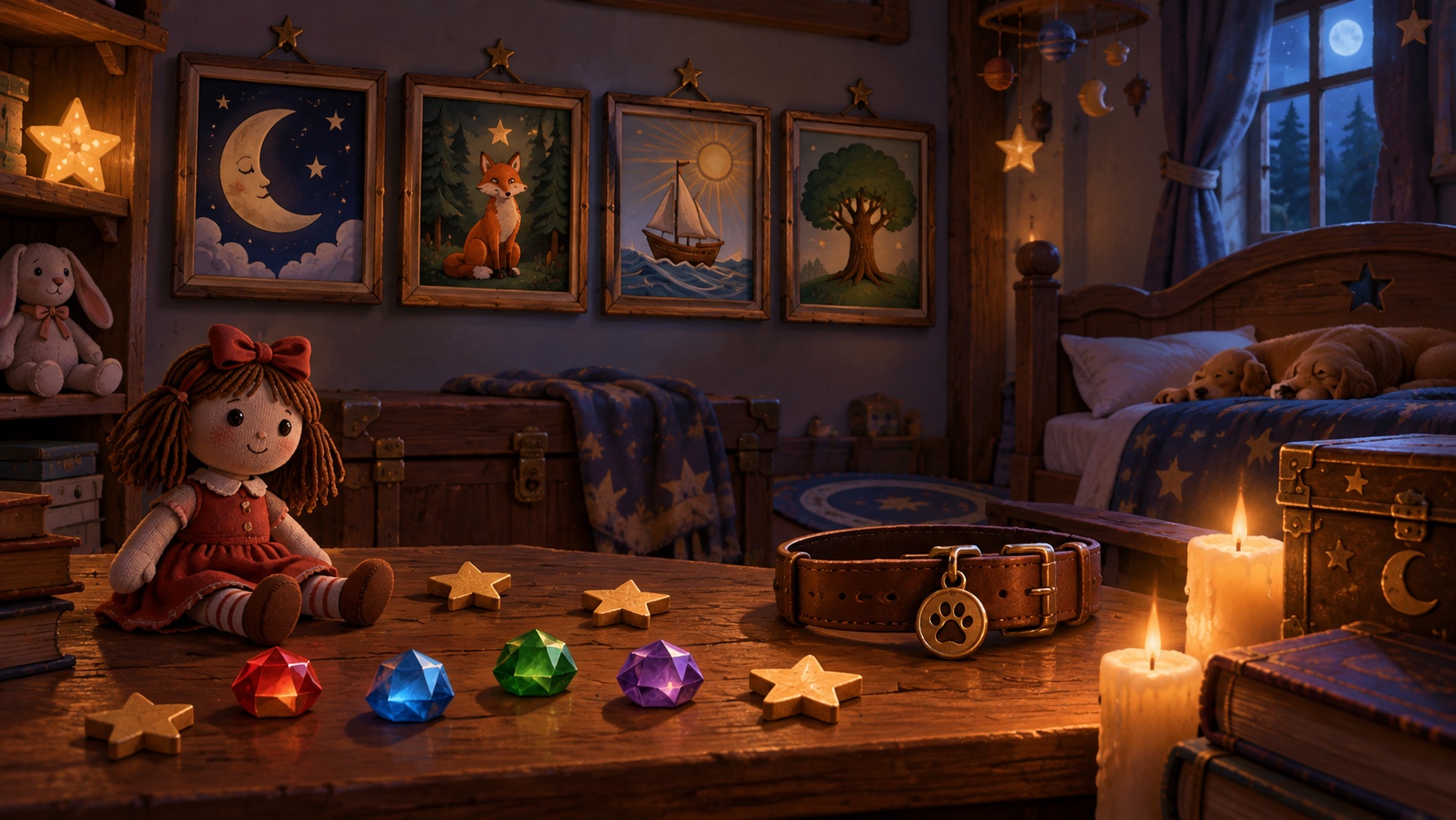 Original illustration of the Find Gus bedroom picture puzzle, dog collar, dolls and collectible stars