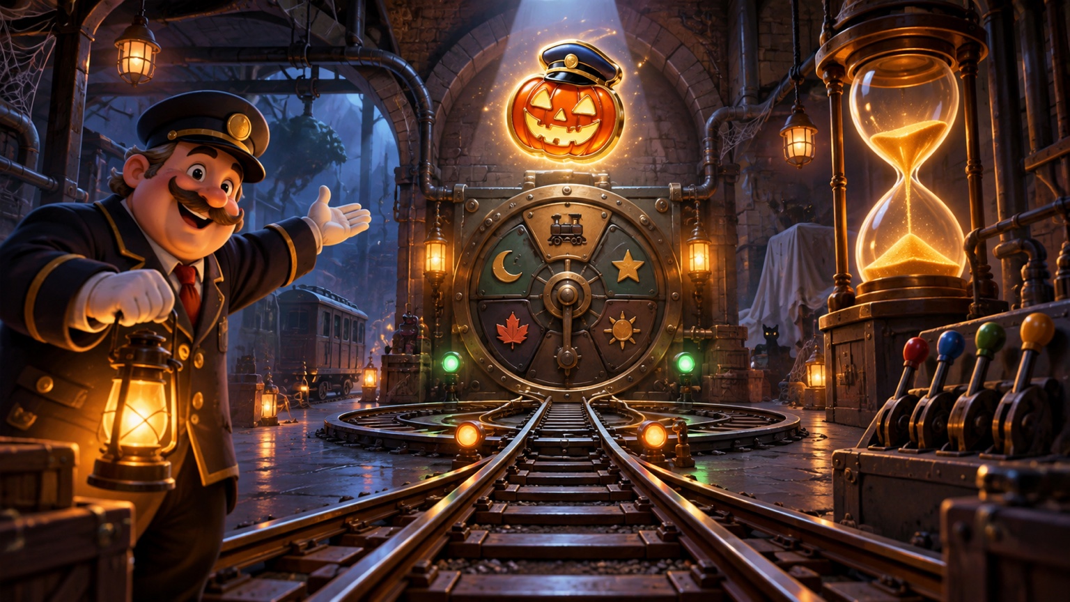 Ilustración original de una sala de juego de Halloween con temática ferroviaria, con un temporizador y una recompensa de pin