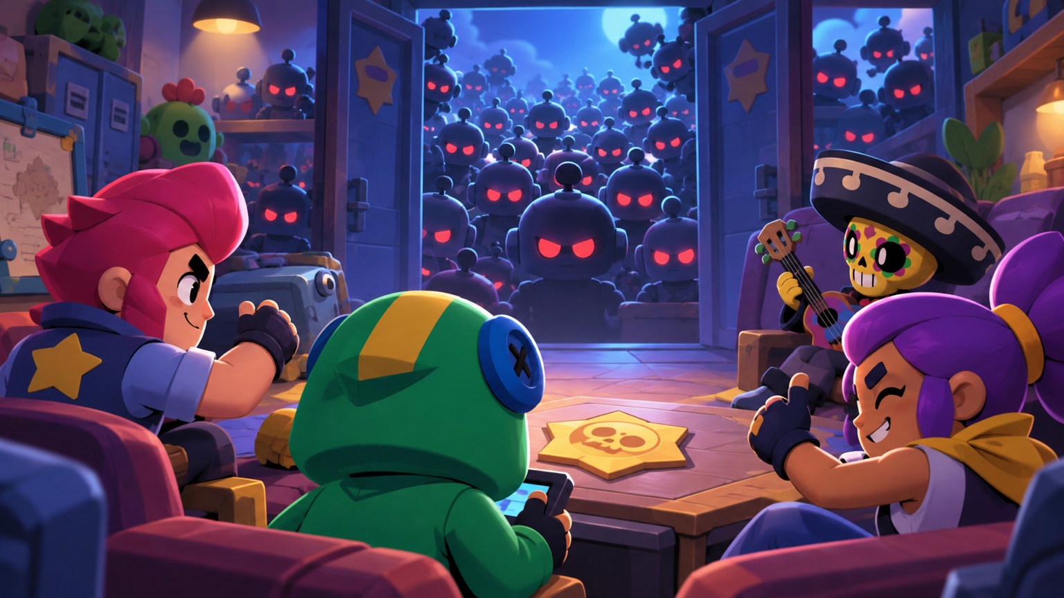 Original illustration of a mobile-game friendly room affected by automated bot accounts