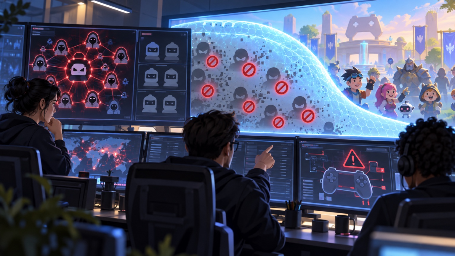Original illustration of a game moderation team reviewing bot and modified-client reports