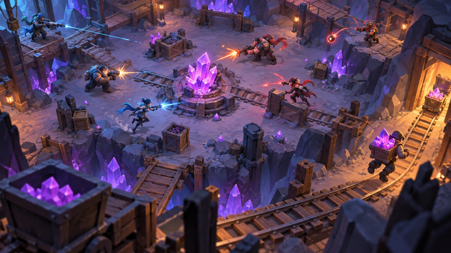 Original illustration of two teams contesting a crystal mine and protecting their gem carrier