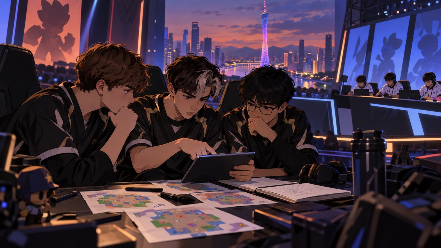 Original illustration of an esports team reviewing a Brawl Stars draft before its opening international match