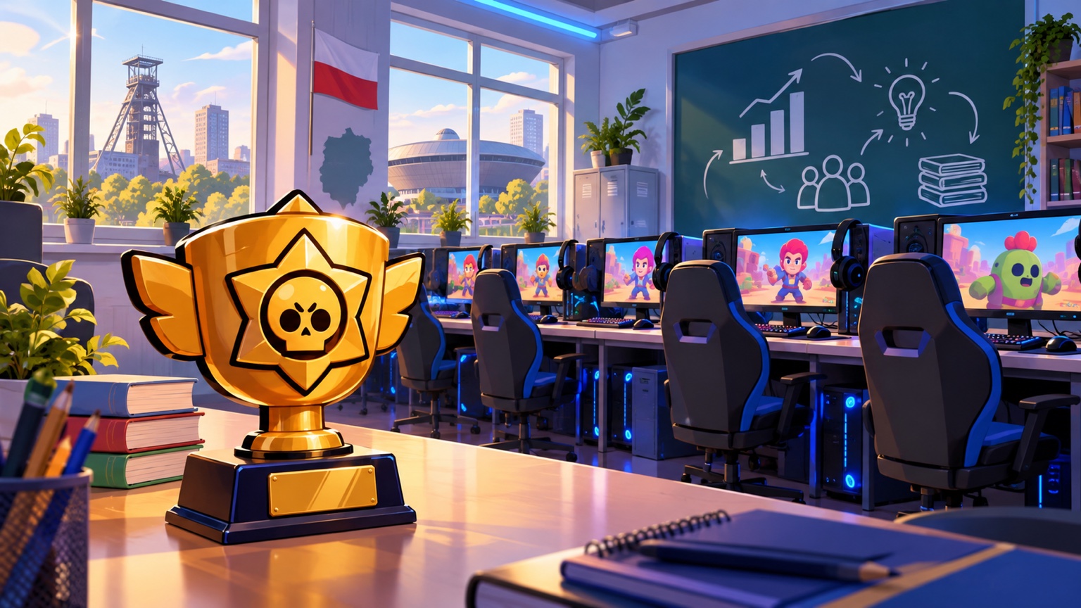 Original illustration of a Polish school esports trophy beside a computer laboratory award