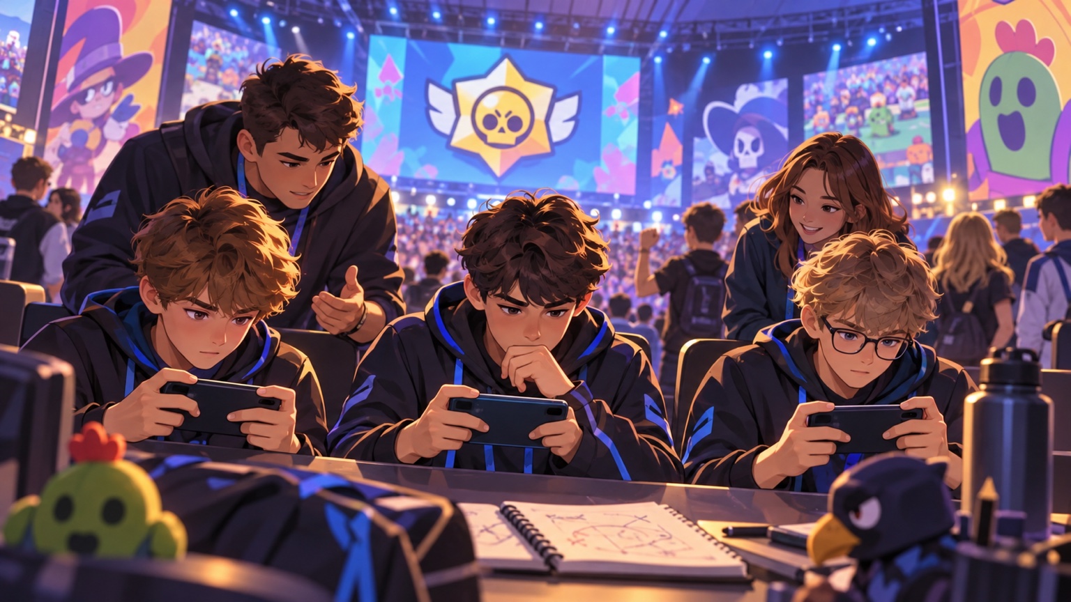 Original illustration of student teams preparing for Brawl Stars matches at the Katowice school league booth