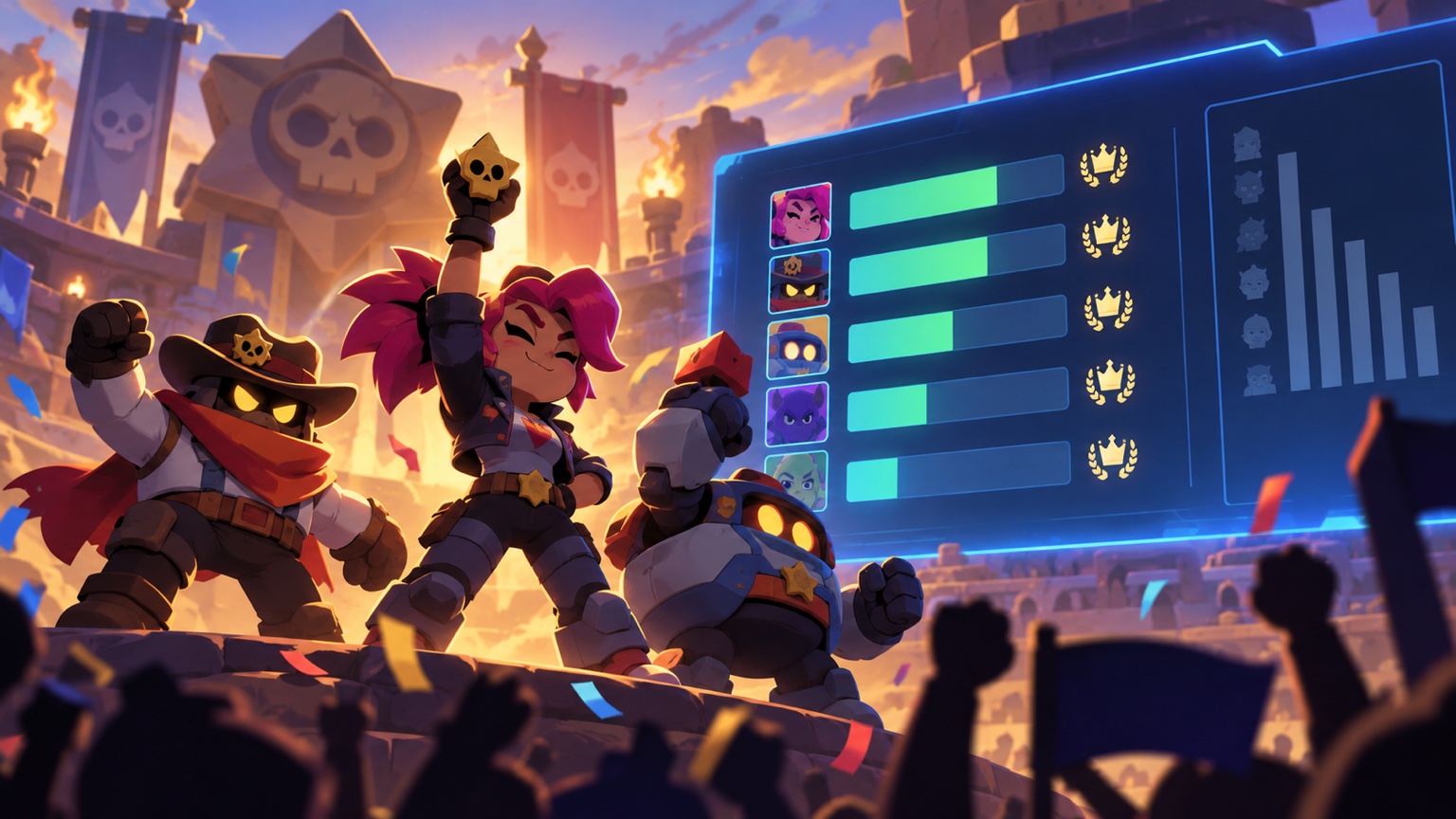 Original illustration of a win-rate analytics board for high-level mobile esports matches