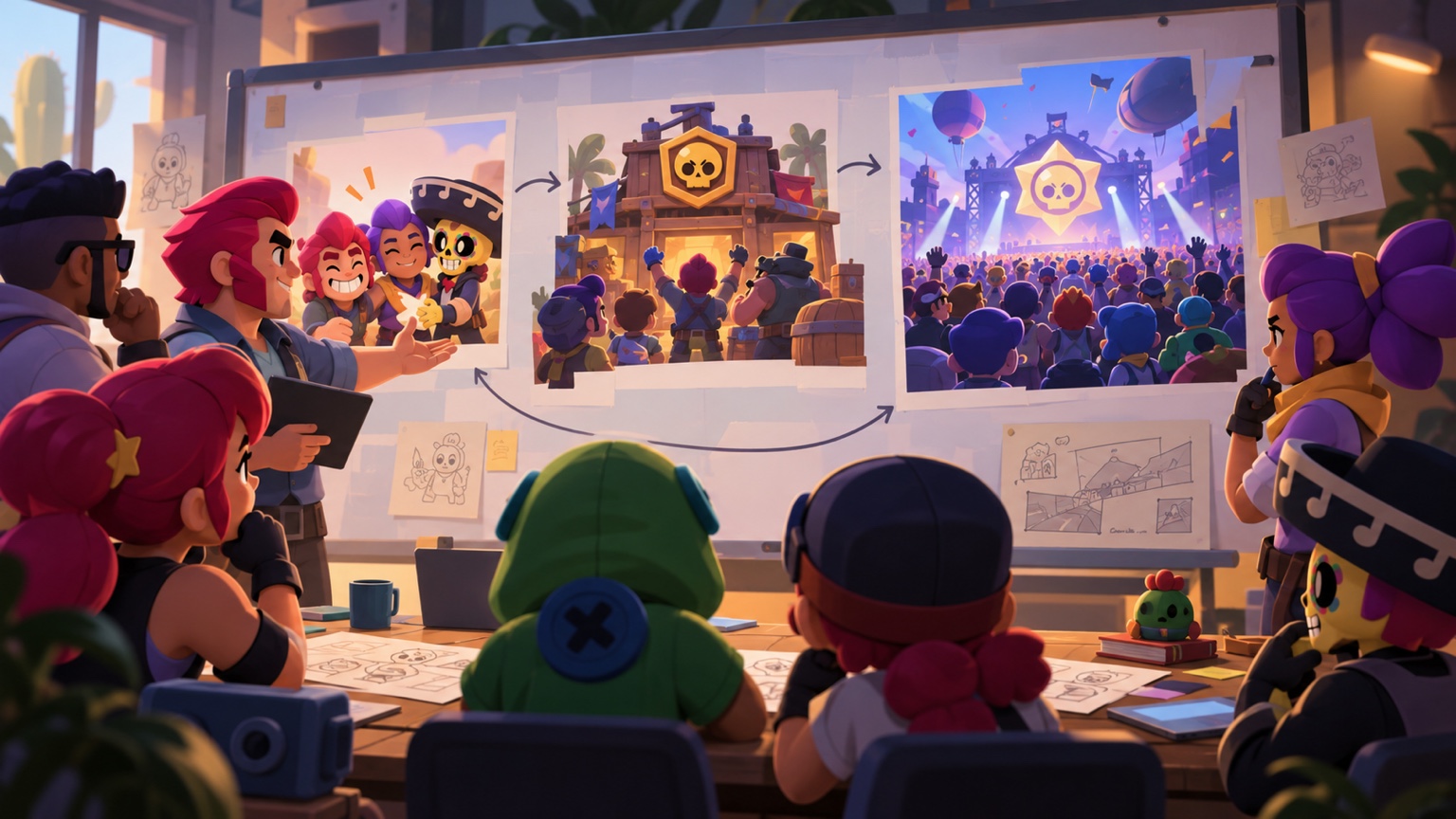 Designers comparing club team and community social play concepts for Brawl Stars