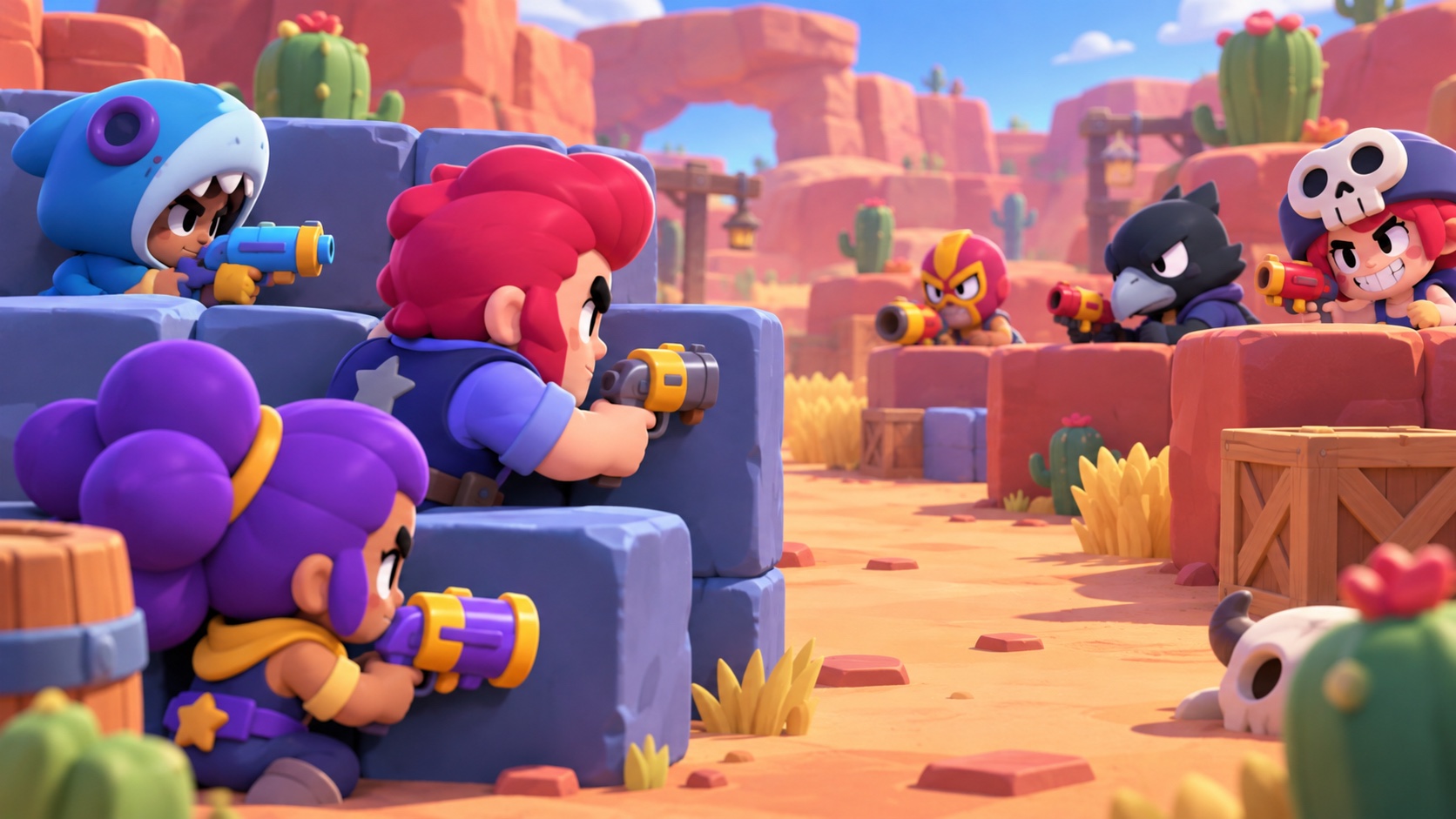 Original illustration of two Brawl Stars-inspired teams weighing safe cover before a Knockout engagement