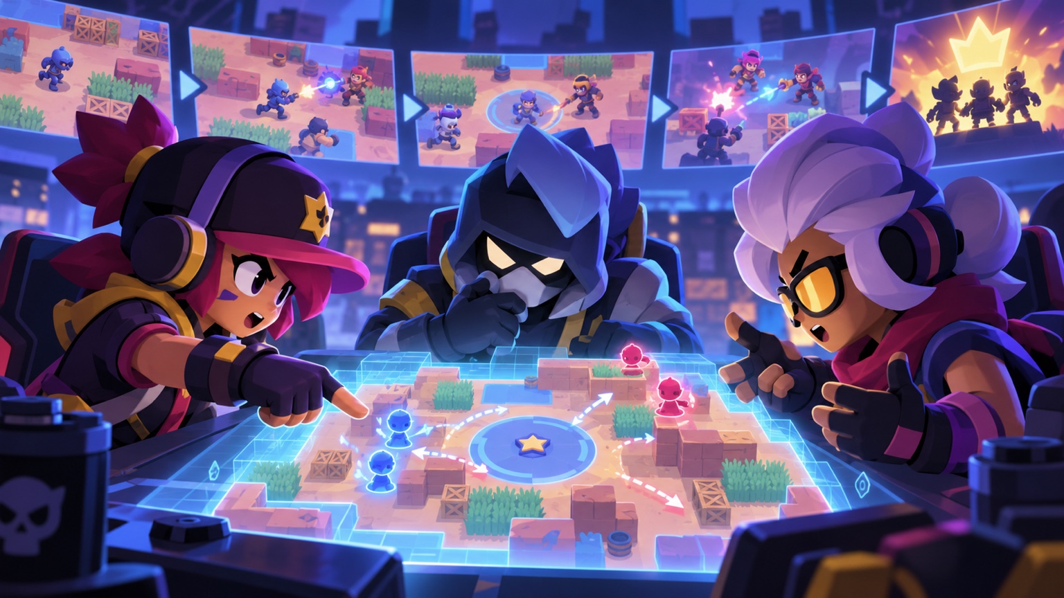 Trois joueurs de Brawl Stars anonymes concentrés pendant une session Ranked exigeante