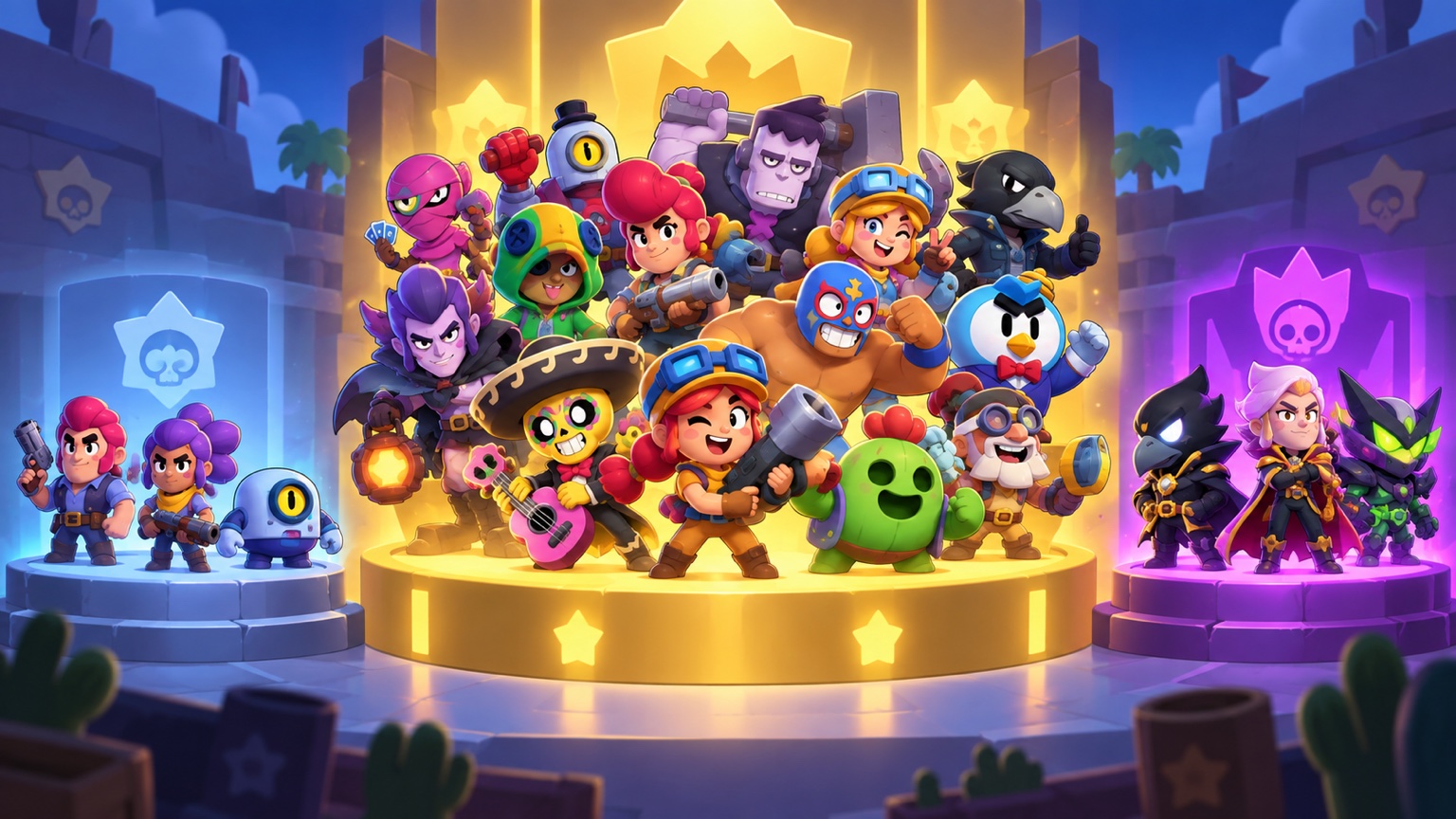 Un plantel estilizado de un juego móvil que muestra muchas opciones Míticas y grupos más pequeños de rarezas inferiores