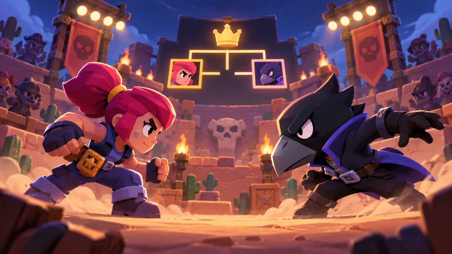 Original illustration of a Brawl Stars-inspired one-on-one Knockout match with a compact tournament bracket
