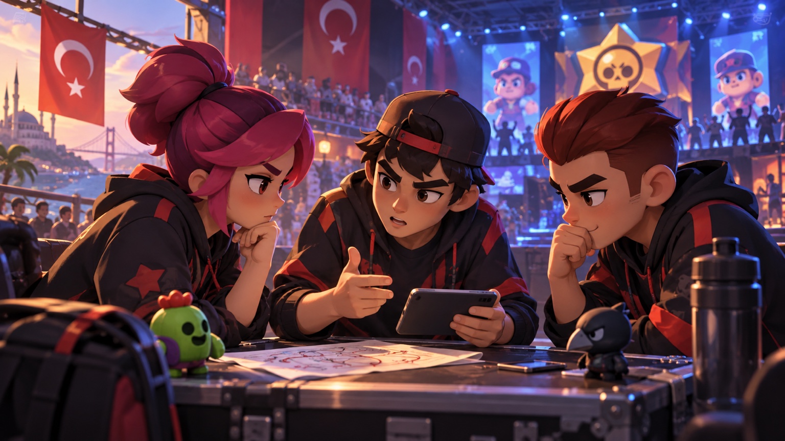 Original illustration of a Brawl Stars-inspired three-on-three team preparing for a single-elimination match