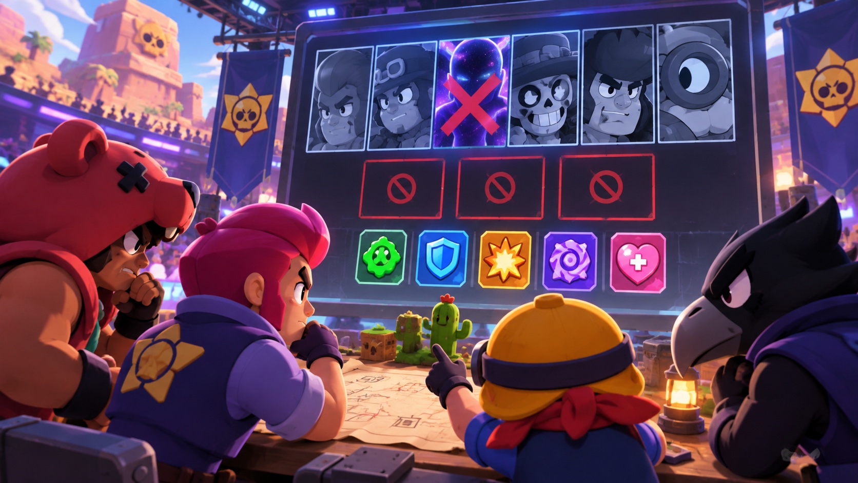 Original illustration of a Brawl Stars-inspired pick-and-ban strategy board with one character silhouette crossed out