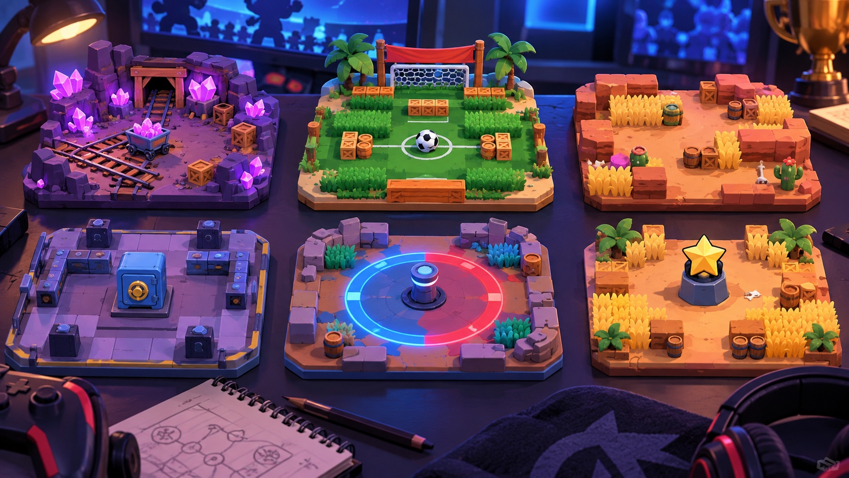 Original illustration of six distinct Brawl Stars mode arenas prepared for a community bracket