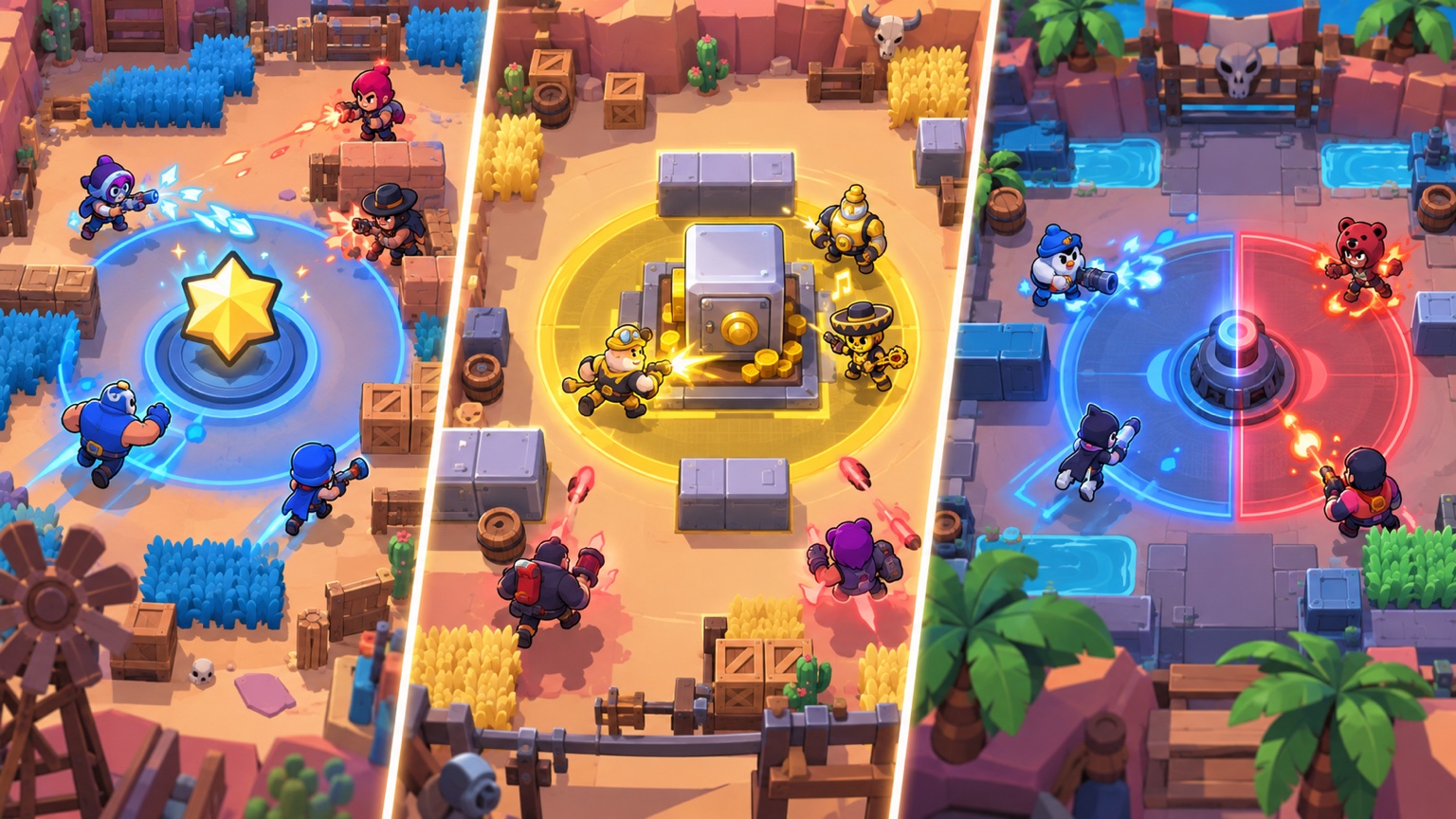 Three arena panels showing SK leading Bounty FUT AC leading Heist and Hot Zone tied
