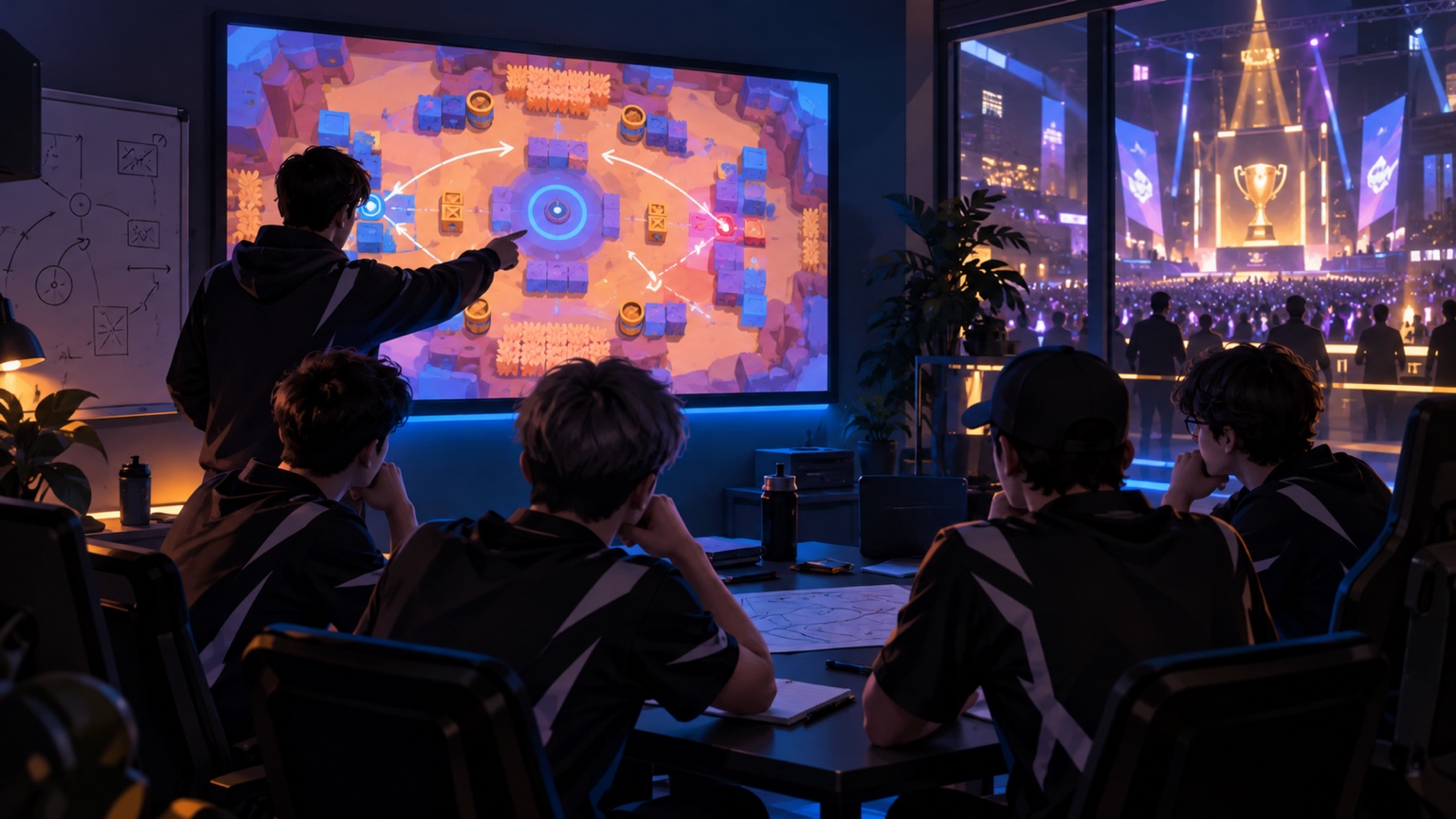 Original illustration af mobile esports-teammates, der gennemgår et Brawl Stars-map før en international kvalifikationsturnering