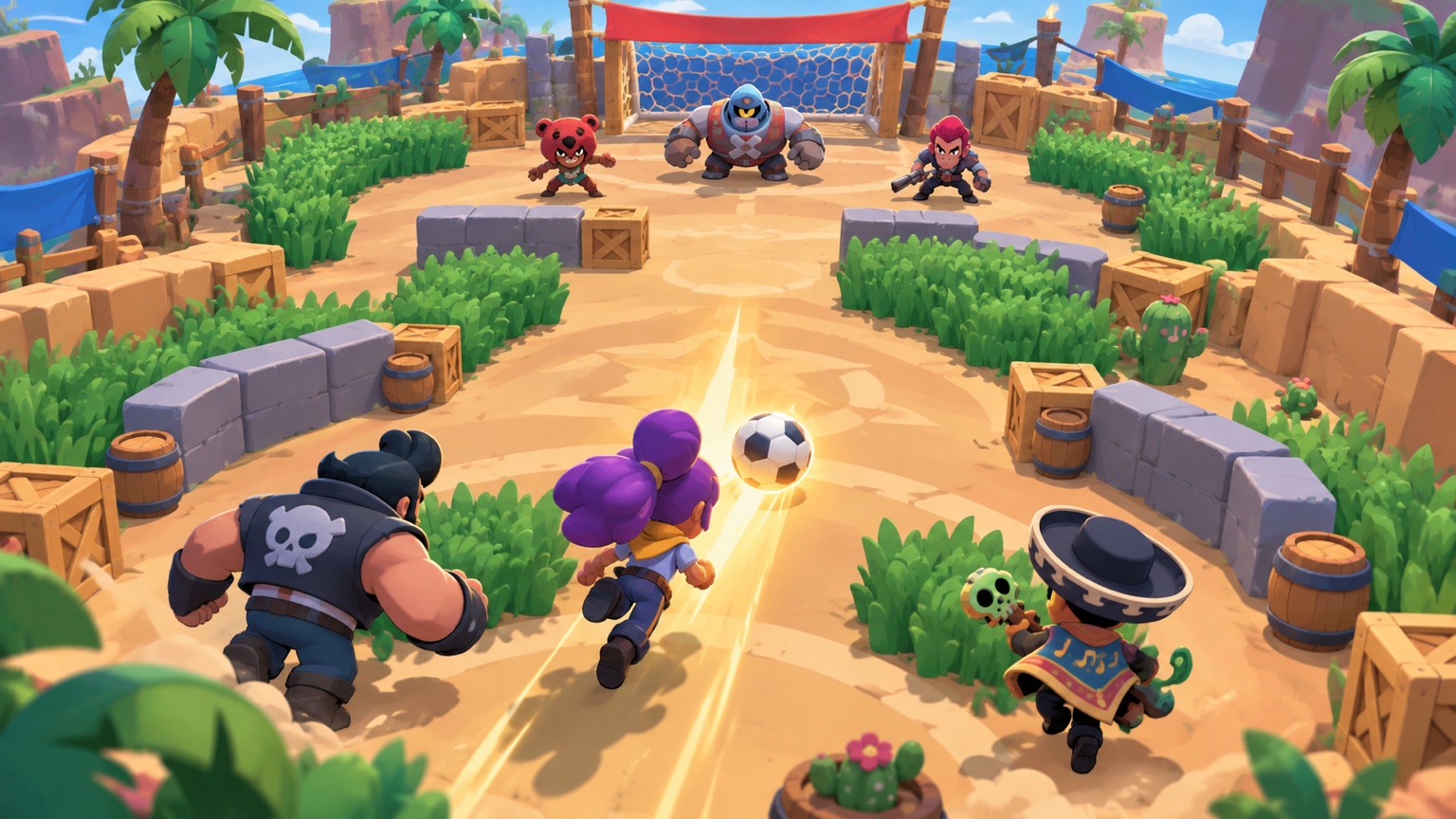 Original illustration of a team building a goal-scoring lane on a curved Brawl Ball map