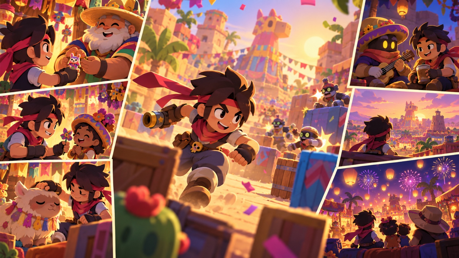 A colorful storyboard showing Brawl Stars lore delivered through events and character moments