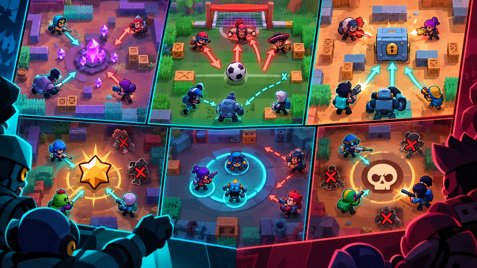 Six arena panels showing the TE and TRIBE mode-by-mode practice split