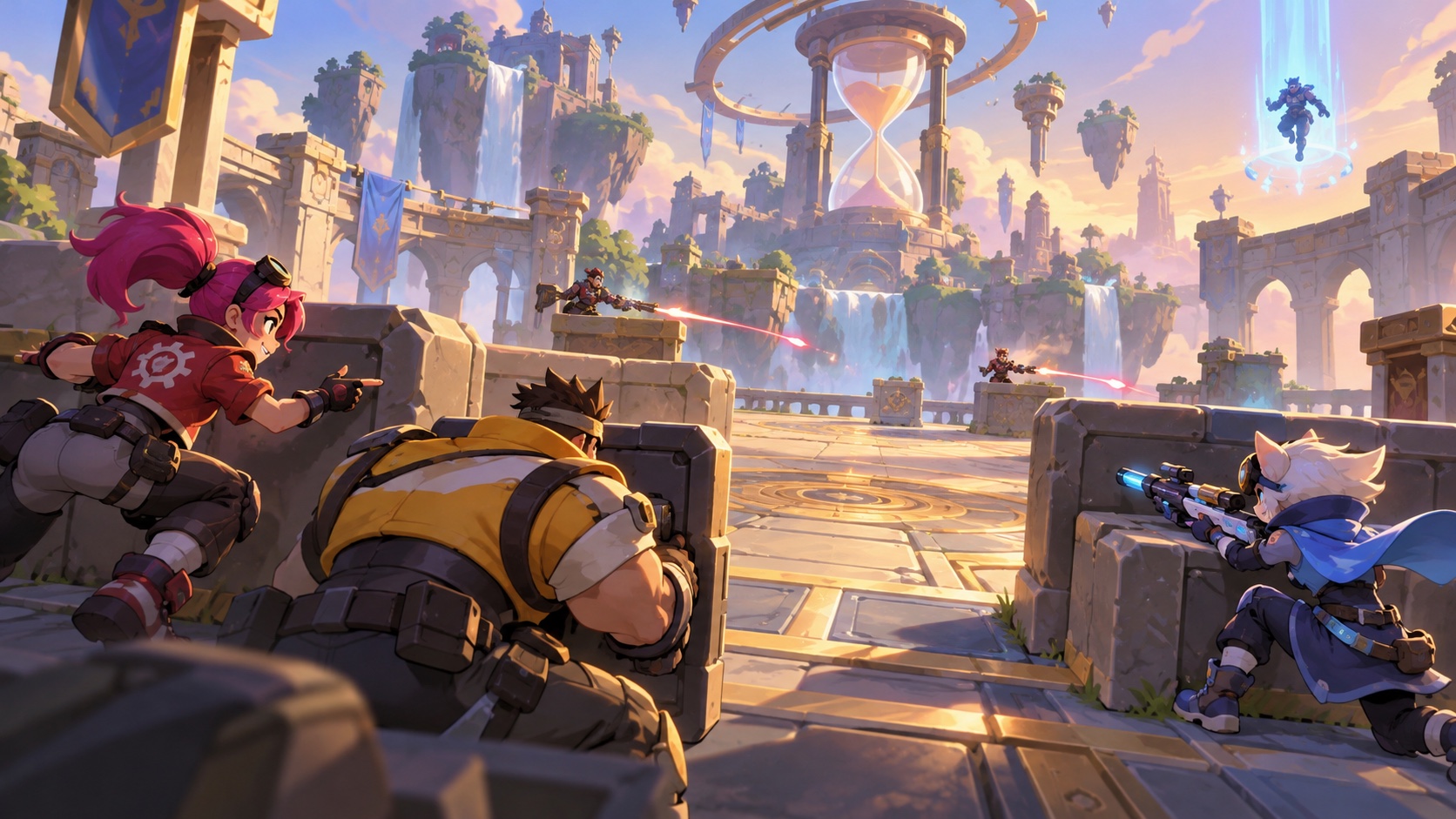 Original illustration of a Brawl Stars-inspired team controlling a Wipeout center lane while opponents respawn