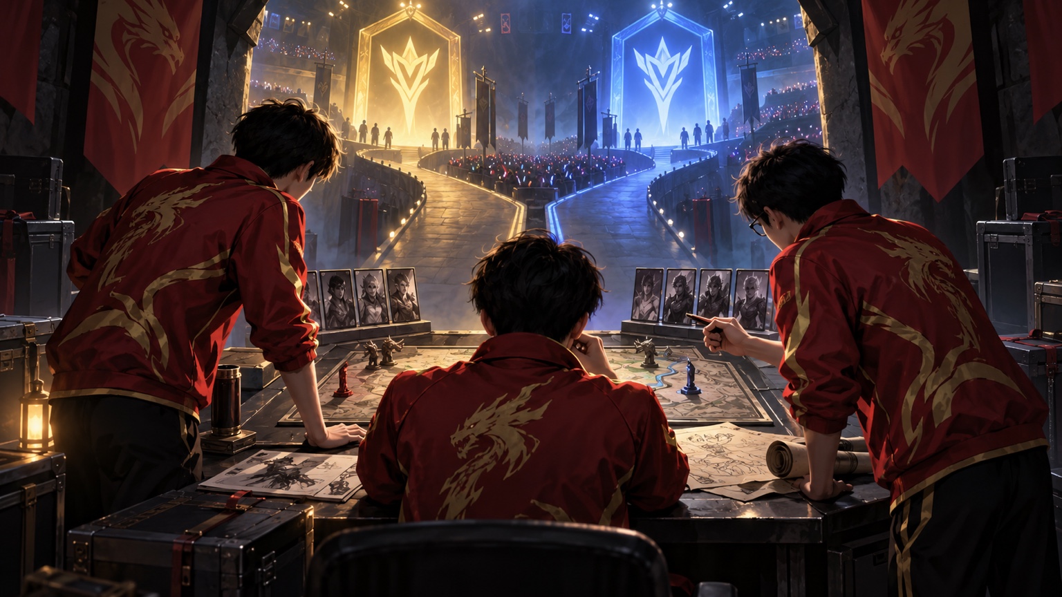 Three anonymous Chinese players preparing drafts before the face-to-face qualifier