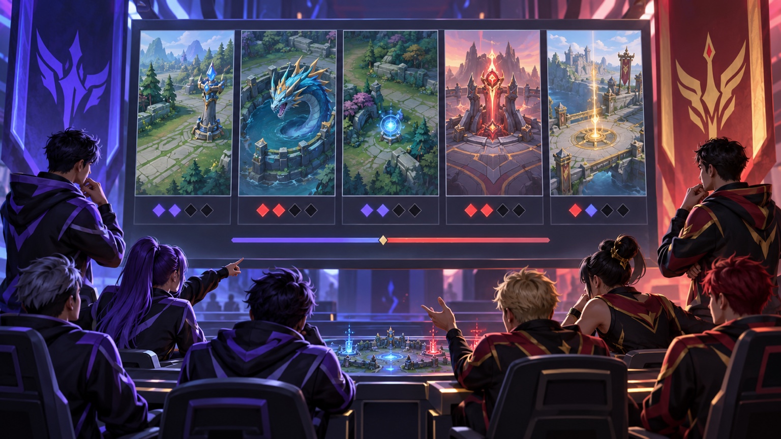 Anonymous UTOPIA and TRIBE squads reviewing a five-mode scrim split